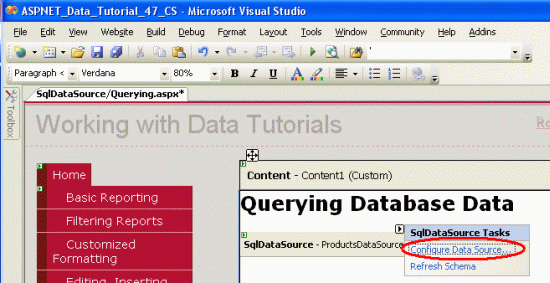 Cliquez sur le lien Configurer la source de données à partir de la balise active sqlDataSource
