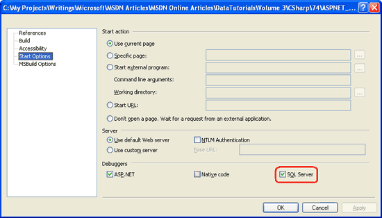 Cochez la case SQL Server dans les pages de propriétés de l’application