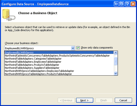 Configurer ObjectDataSource pour utiliser la classe EmployeesBLLWithSprocs