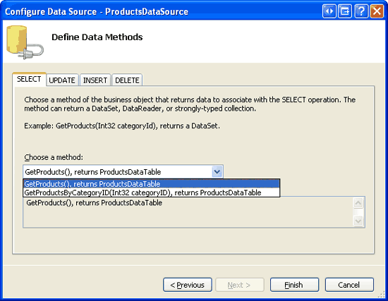 Les méthodes de la classe s ProductsCL sont répertoriées dans le Drop-Down Listes