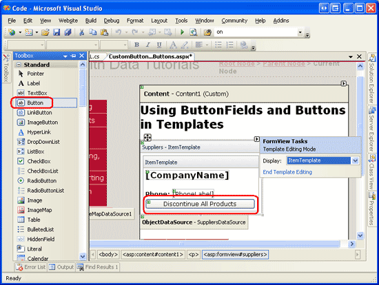 Ajouter un contrôle web De bouton Tous les produits interrompus à l’élémentTemplate de FormView