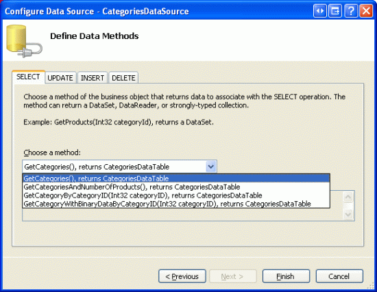 Configurer ObjectDataSource pour retourner des catégories à l’aide de la méthode GetCategories