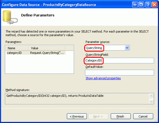 Utiliser le champ Querystring CategoryID pour le paramètre categoryID