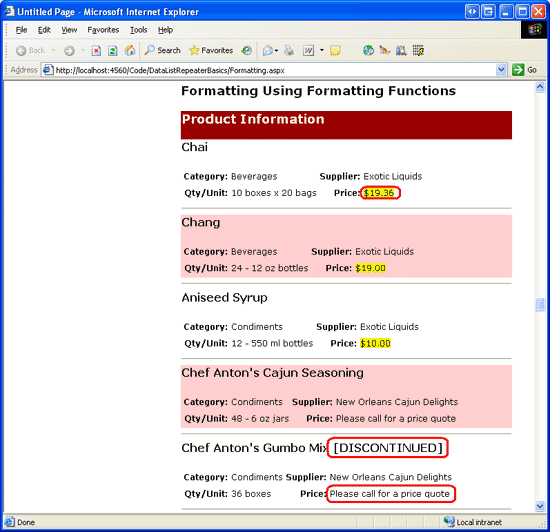 Capture d’écran montrant les produits répertoriés dans le contrôle DataList, avec le prix des produits de plus de 20,00 $ remplacé par le texte « Veuillez appeler pour obtenir un devis ».