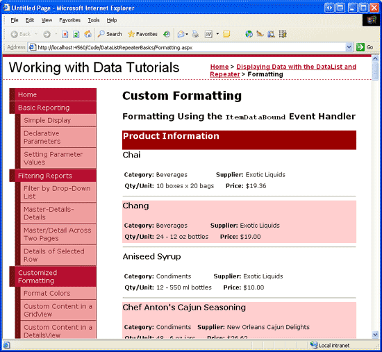 Les produits sont répertoriés dans le contrôle DataList