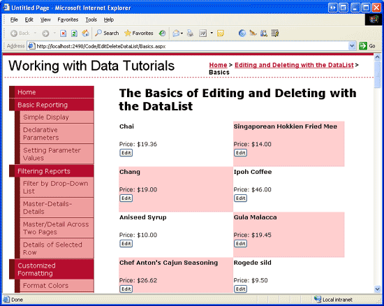 Capture d’écran montrant DataList EditItemTemplate avec le bouton Modifier ajouté.