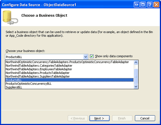 Configurer ObjectDataSource pour utiliser la classe ProductsBLL