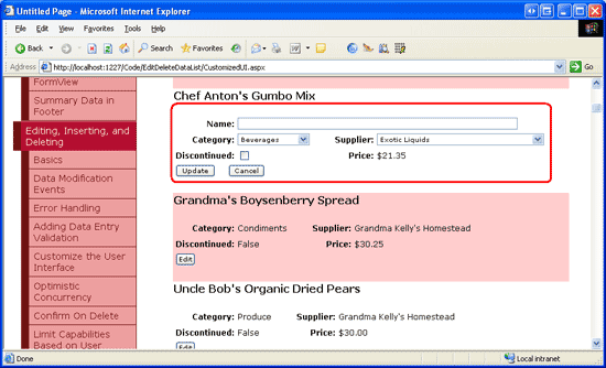 Capture d’écran montrant dataList EditItemTemplate après l’ajout des gestionnaires d’événements EditCommand et CancelCommand et le bouton Modifier.