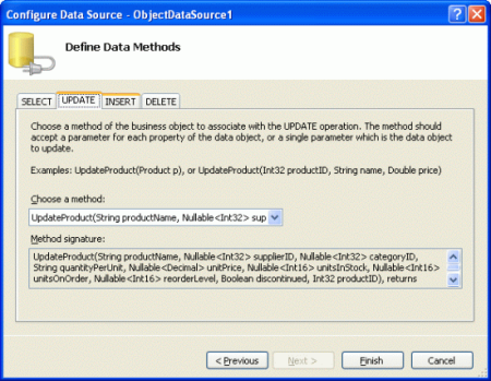 Mapper la méthode Update() de ObjectDataSource à la méthode UpdateProduct de la classe ProductBLL