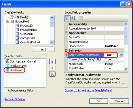 Définir la propriété ApplyFormatInEditMode de UnitPrice BoundField sur true