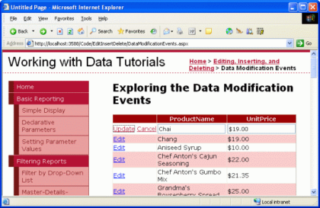 Capture d’écran de GridView montrant la valeur UnitPrice de la ligne modifiée mise en forme en tant que devise.