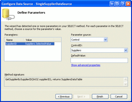 Utiliser la liste déroulante suppliers DropDownList comme source de paramètre supplierID