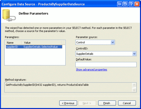 Utiliser la propriété SelectedValue de SuppliersDetails DetailsView comme source de paramètre