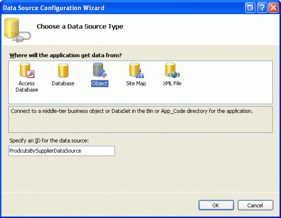 Lier le GridView ProductsBySupplier à un nouvel objetDataSource