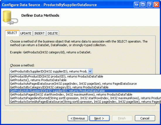 Configurer objectDataSource pour utiliser la méthode GetProductsBySupplierID(supplierID)