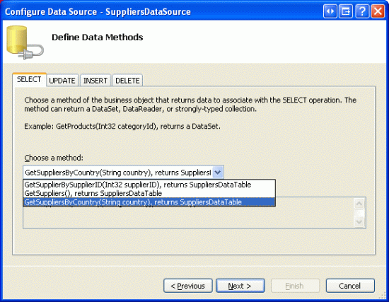 Capture d’écran de la fenêtre Configurer la source de données - SuppliersDataSource avec l’onglet SELECT ouvert. L’option de méthode GetSupplierByCountry est sélectionnée et le bouton Suivant est mis en surbrillance.