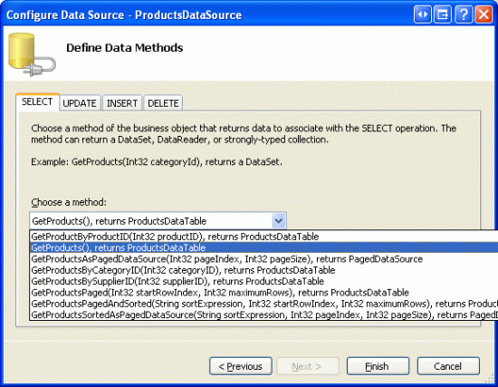 Configurer ObjectDataSource pour utiliser la méthode GetProducts de la classe ProductsBLL