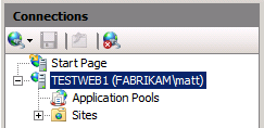 Dans le Gestionnaire des services Internet, dans le volet Connexions, développez le nœud du serveur (par exemple, TESTWEB1).