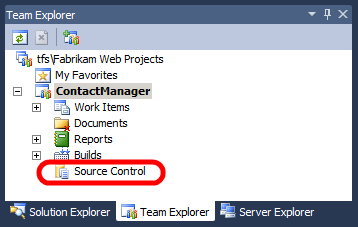 Dans Visual Studio 2010, dans la fenêtre Team Explorer, développez votre projet d’équipe, puis double-cliquez sur Contrôle de code source.