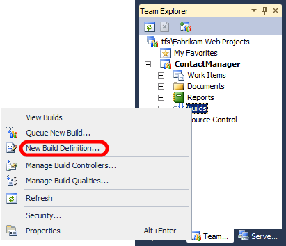 Dans Visual Studio 2010, dans la fenêtre Explorer d’équipe, développez le nœud de votre projet d’équipe, cliquez avec le bouton droit sur Builds, puis cliquez sur Nouvelle définition de build.