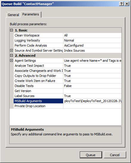 Dans la ligne Arguments MSBuild, remplacez la valeur de la propriété OutputRoot par l’emplacement de votre dossier de build.