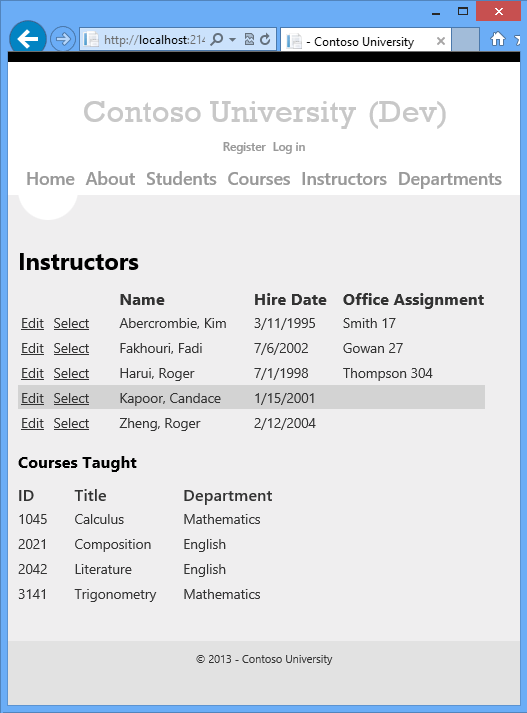 Capture d’écran montrant la page Instructeurs et les cours enseignés par un instructeur spécifique.