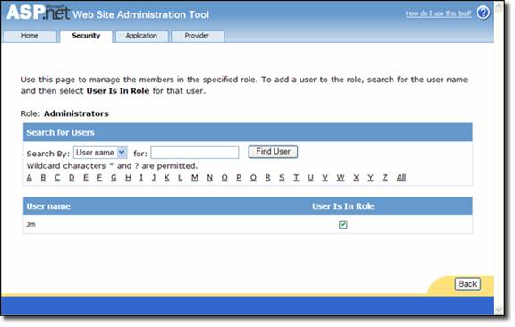 Capture d’écran montrant un outil d’administration de site web A S P dot N E T avec le bouton Rechercher un utilisateur.