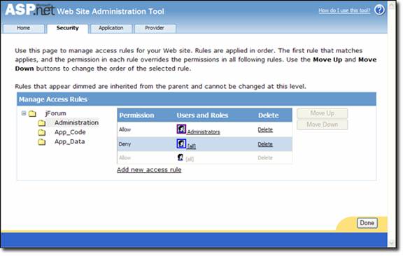 Capture d’écran montrant l’outil A S P dot N E T Web Site Administration avec les éléments sélectionnés sous Utilisateurs et rôles.