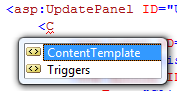 Capture d’écran montrant une balise s p Update Panel suivie d’une balise de modèle de contenu.