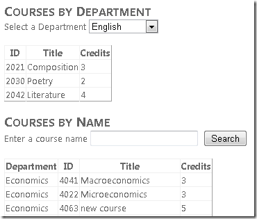 Capture d’écran de la fenêtre Internet Explorer, qui montre les vues Cours par département et Cours par nom.