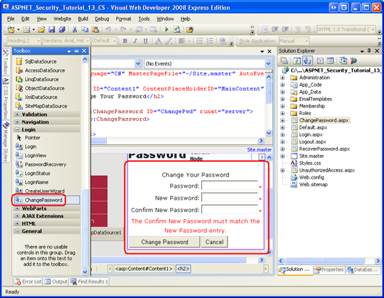 Ajouter un contrôle ChangePassword à la page