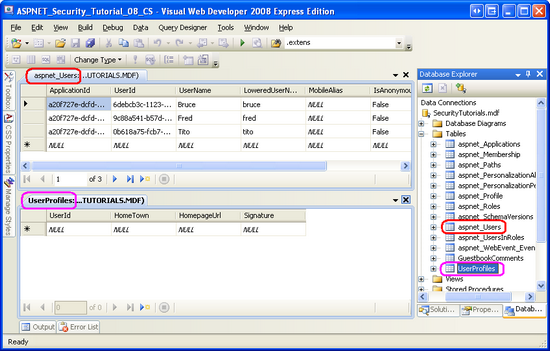 Le contenu des tables aspnet_Users et UserProfiles est affiché