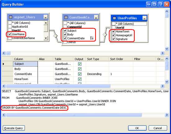 La requête construite joinise les tables GuestbookComments, UserProfiles et aspnet_Users