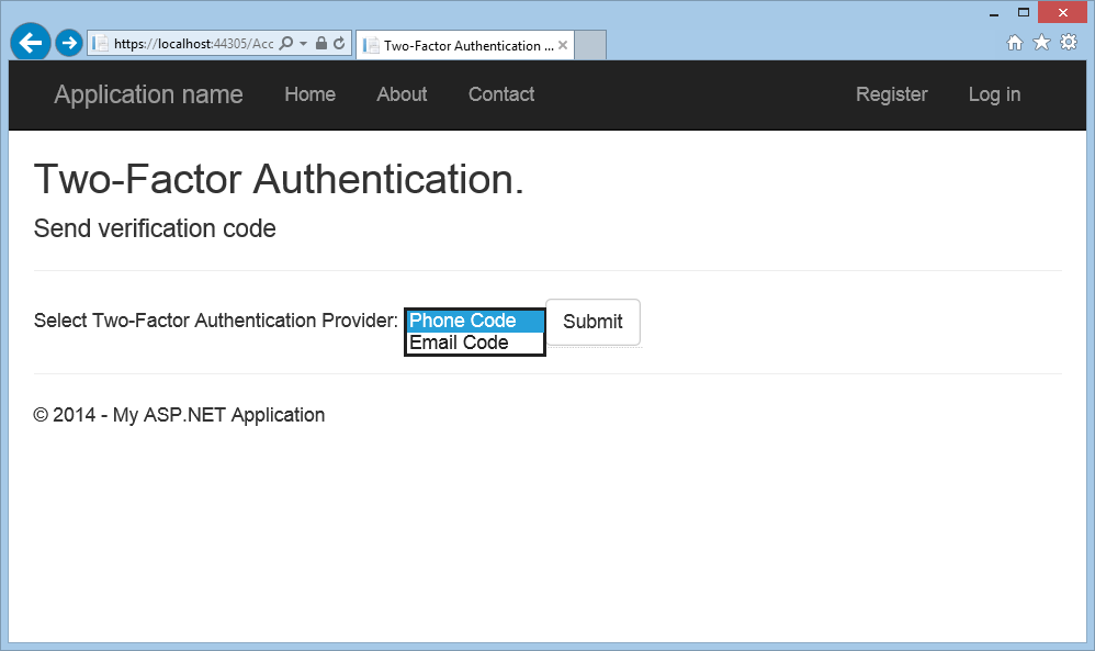  Capture d’écran de la fenêtre du navigateur Two-Factor Authentication montrant la liste déroulante Sélectionner Two-Factor fournisseur d’authentification.