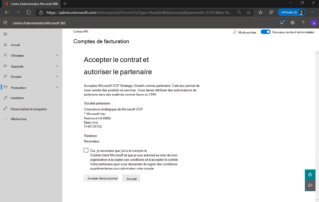 Capture d’écran de la page Accepter le contrat et autoriser le partenaire.