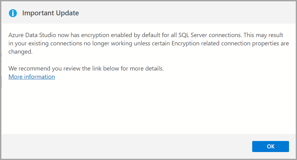 Capture d’écran du message de mise à jour importante après la mise à niveau d’Azure Data Studio