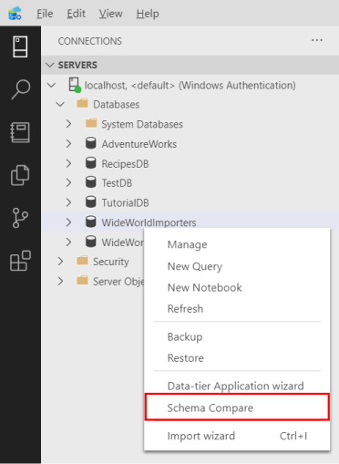 Capture d’écran de l’interface graphique utilisateur d’Azure Data Studio - Lancement de la comparaison de schémas.