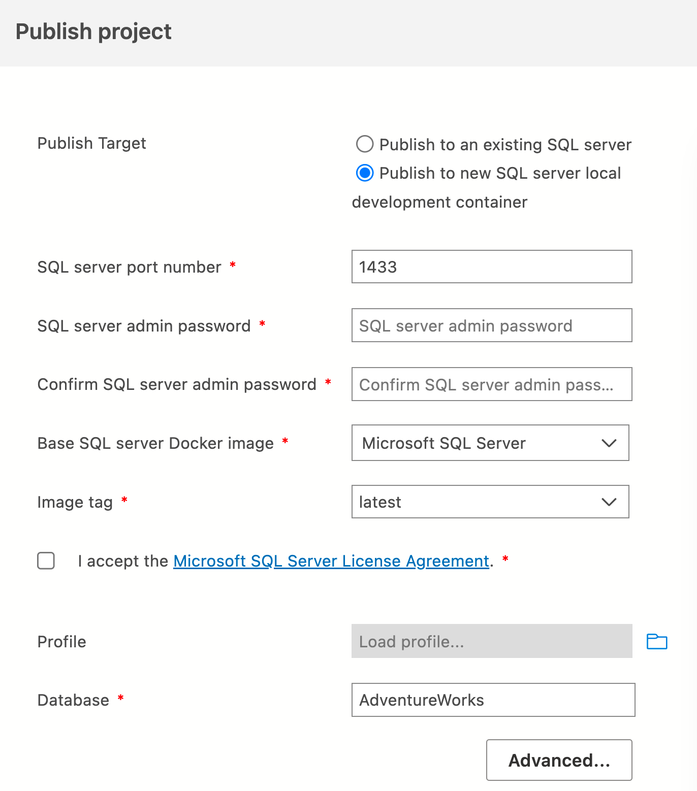 Capture d’écran de la boîte de dialogue Publier dans un conteneur dans Azure Data Studio.