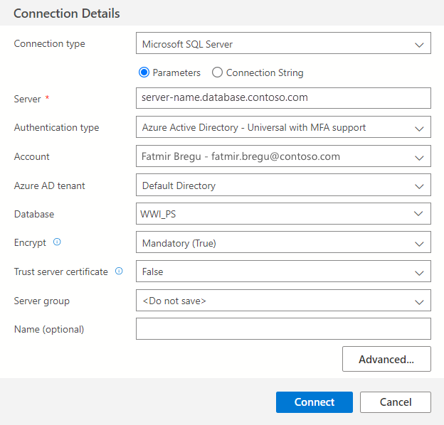 Capture de l’écran Configurer la connexion Azure.