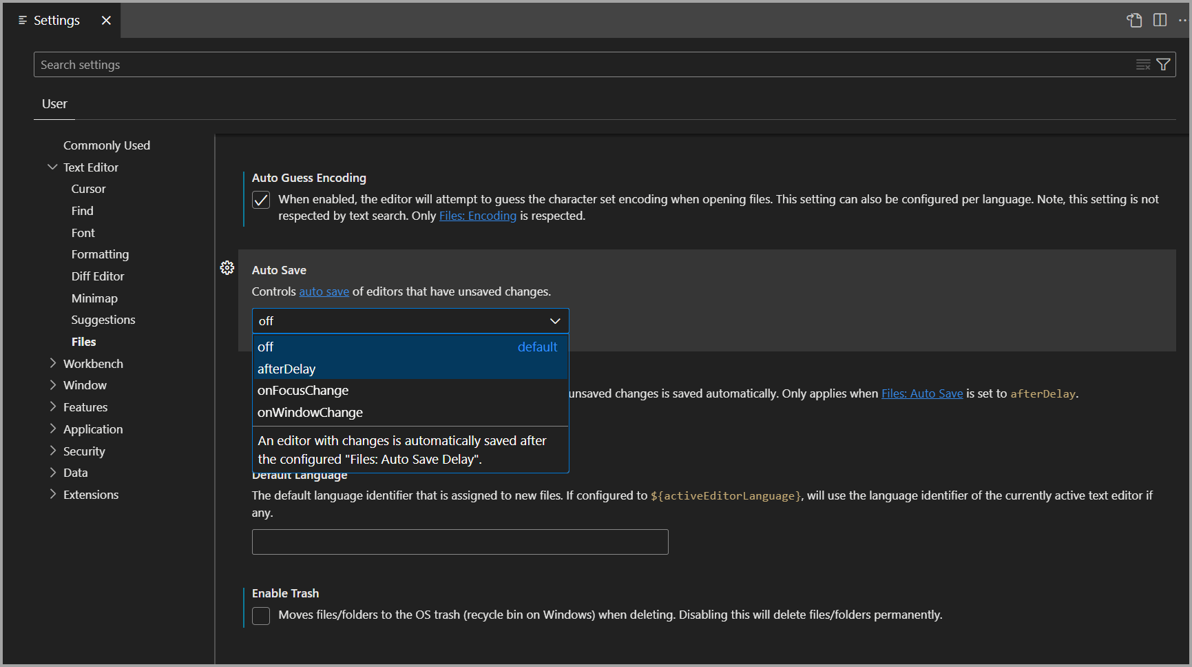 Capture d’écran des paramètres modifiés de l’éditeur de paramètres dans Azure Data Studio.