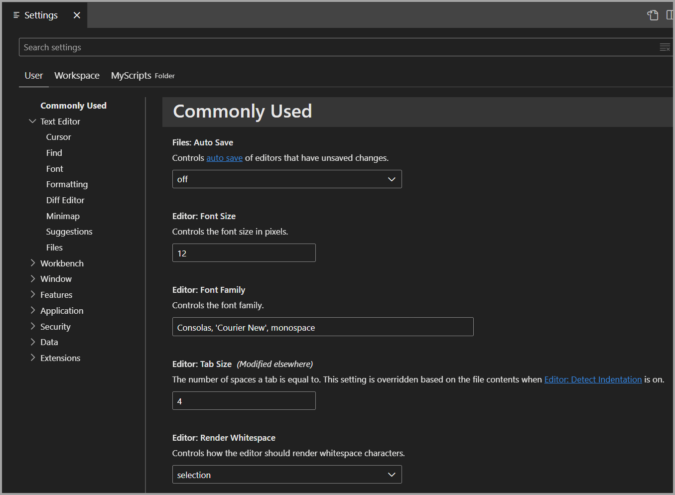 Capture d’écran de l’éditeur de paramètres dans Azure Data Studio.