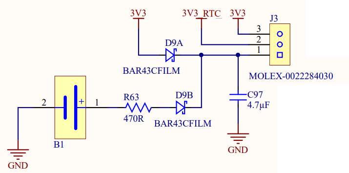 Circuit de batterie RTC recommandé par MediaTek à partir du Guide de conception matérielle MT3620 