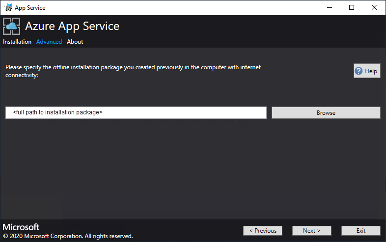 Spécifier le chemin du package d’installation hors connexion dans le programme d’installation Azure App Service