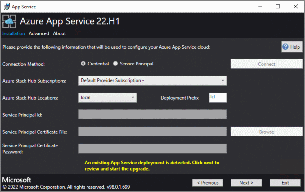 Capture d’écran montrant l’installation d’Azure App Service sur Azure Stack Hub détectée.