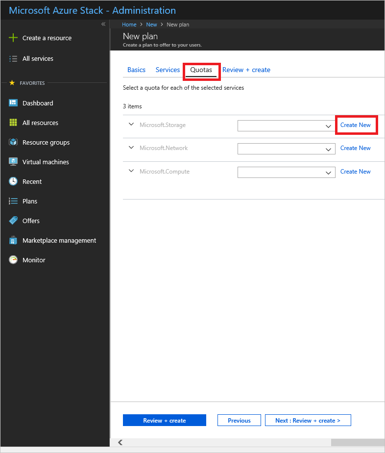 Capture d’écran montrant comment spécifier des quotas pour le nouveau plan dans Azure Stack Hub