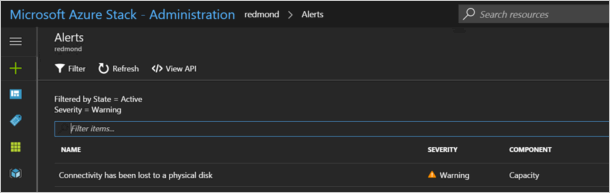 Alerte montrant la perte de connectivité au disque physique dans l’administration Azure Stack Hub