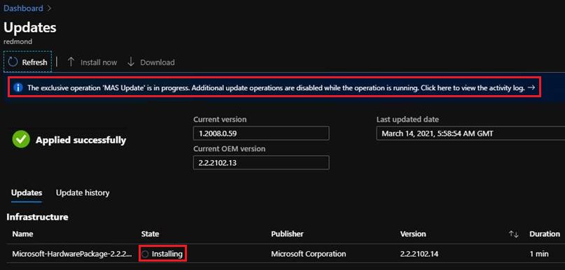 tableau de bord Update montrant une installation de mise à jour et une alerte indiquant que les opérations de mise à jour sont désactivées