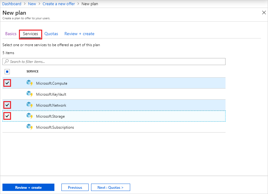 Capture d’écran représentant les services du plan dans le portail d’administration Azure Stack Hub.