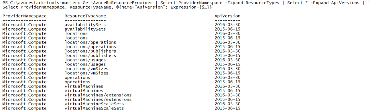 Exemple de sortie de la commande Get-AzResourceProvider