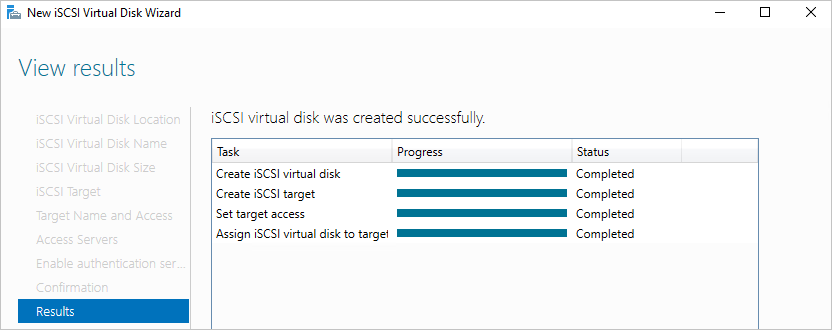 La page Résultats de l'Assistant Nouveau disque virtuel iSCSI indique que le disque virtuel ISCSI a bien été créé.